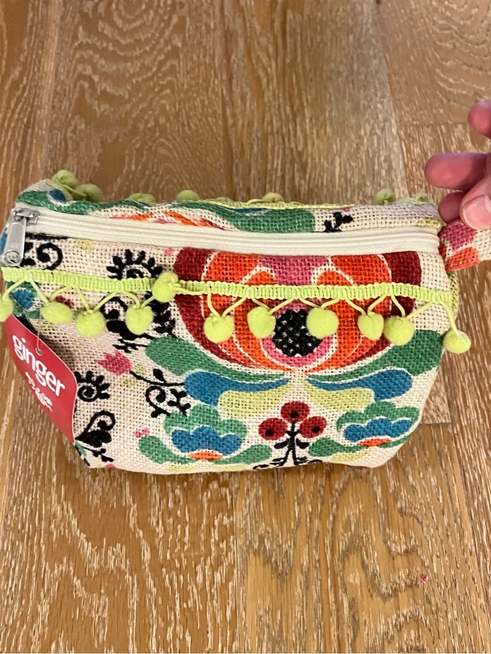 Floral Canvas Pouch with Pom Trim - Multicolor
